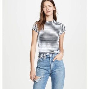Free People Navy and Light Blue Striped Short Sleeve Tee